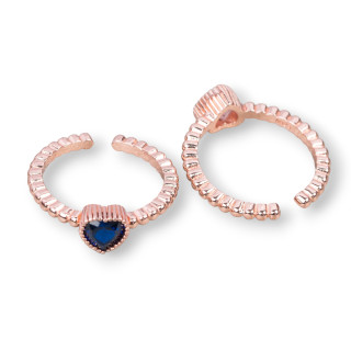Bague en Argent 925 avec Zircon Coeur 7mm Taille Ajustable 2pcs Or Rose Saphir Bleu