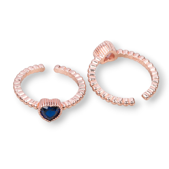 Ring aus 925er Silber mit Zirkon-Herz, 7 mm, verstellbare Größe, 2 Stück, Roségold, blauer Saphir
