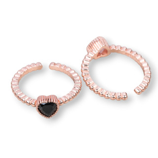 Bague en Argent 925 avec Zircon Coeur 7mm Taille Ajustable 2pcs Or Rose Noir