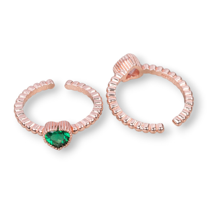 925 Silver Ring With Zircon Heart 7mm Adjustable Size 2pcs Rose Gold Emerald Green
