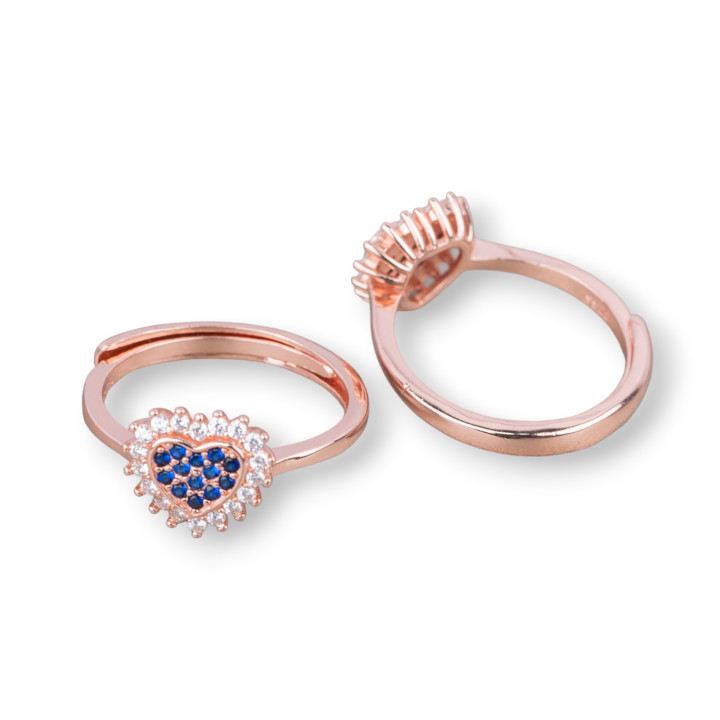 Anello Di Argento 925 Con Cuore Di Zircone 9,5mm Misura Regolabile 1pz Oro Rosa Blu Zaffiro