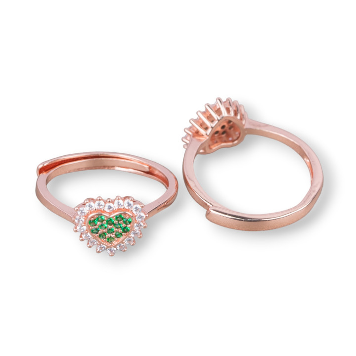 Bague Argent 925 Avec Coeur De Zircon 9,5mm Taille Ajustable 1pc Or Rose Vert Emeraude