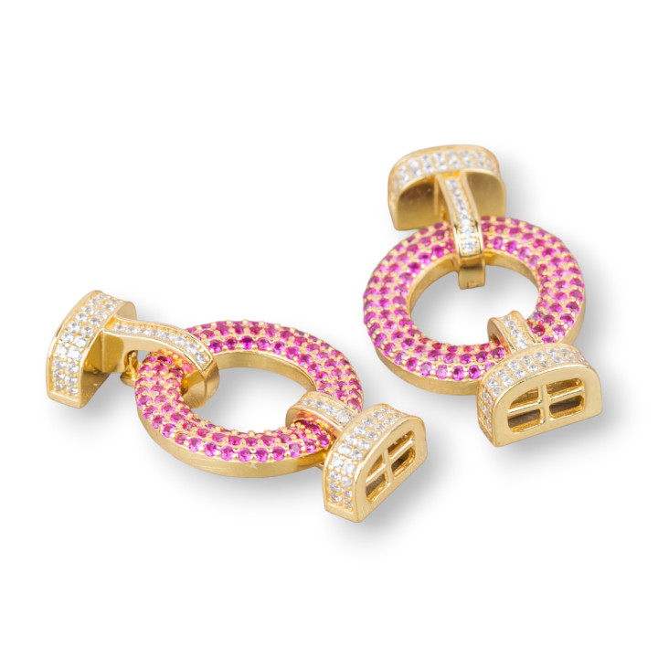 Verschluss aus 925er Sterlingsilber mit Schnappzirkonen, 18 x 30 mm, mit 9 x 6 mm Cups, mit 1 Gold-Rot-Rubin-Bar