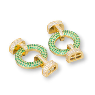 925 Silver Clasp With Zircons Snap 18x30mm With 9x6mm Cups With 1pc Golden Emerald Green Bar
