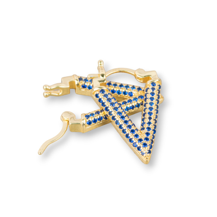 Orecchini Perno Chiuso Di Argento 925 Con Zirconi Micropave' V 14x20mm 1 Paio Dorato Blu Zaffiro