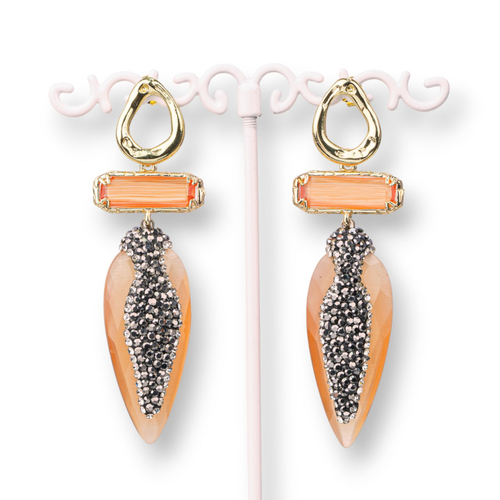 Orecchini A Perno Di Bronzo Con Occhio Di Gatto Rettangolo E Goccia Con Marcasite 22x70mm Arancio