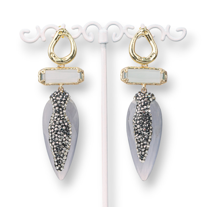 Pendientes Bolitas De Bronce Con Ojo De Gato Rectangular Y Gota Con Marcasita 22x70mm Gris