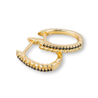 Closed Stud Earrings Of 925 Silver With Micropave' Zircons 3.3x16mm 2 Pairs Golden Black