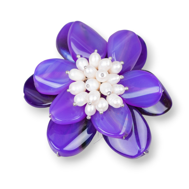 Componente Intramezzo Centrale Di Pietre Dure E Perle Di Fiume 68mm Agata Viola