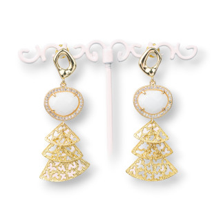 Boucles d'Oreilles Tiges Oeil de Chat en Bronze Serties de Zircons avec Pendentif en Bronze 22x60mm Agate Blanche