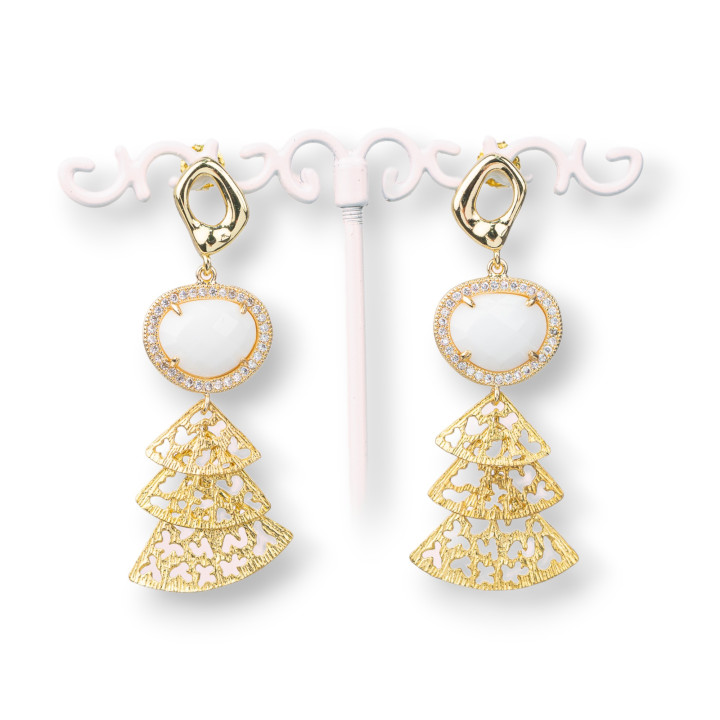 Boucles d'Oreilles Tiges Oeil de Chat en Bronze Serties de Zircons avec Pendentif en Bronze 22x60mm Agate Blanche