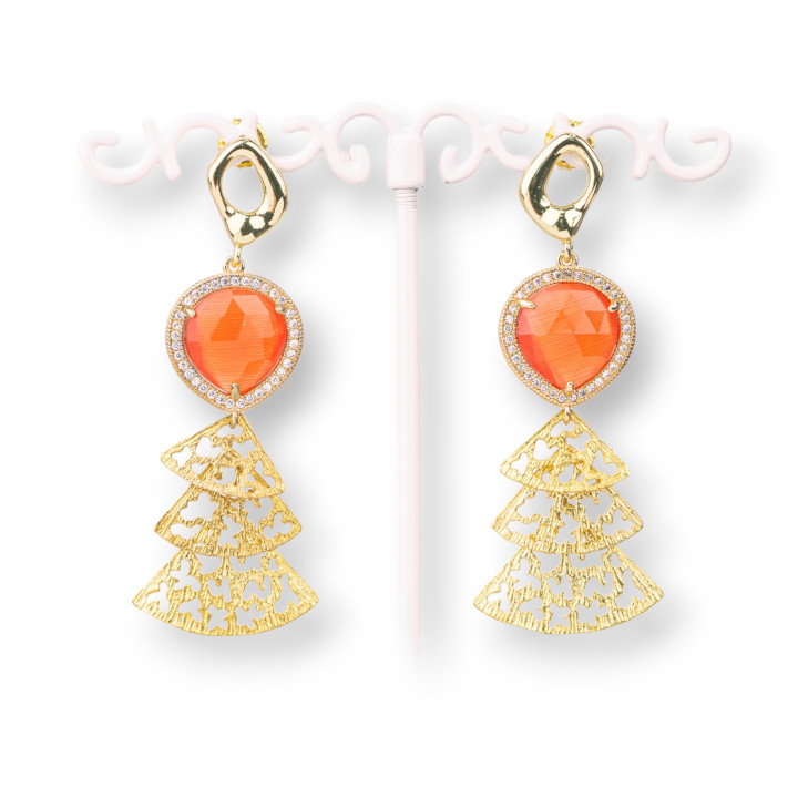 Juego de Aretes Ojo de Gato de Bronce con Circonitas con Colgante de Bronce 22x60mm Naranja