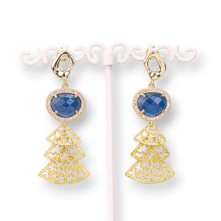 Juego de Aretes de Ojo de Gato de Bronce con Circonitas con Colgante de Bronce 22x60mm Azul Zafiro