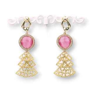 Bronze Stud Earrings with Set Cat's Eye and Zircons with Bronze Pendant 22x60mm Fuchsia