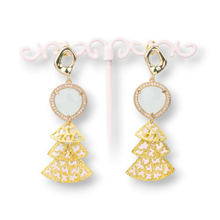 Bronze Stud Earrings with Set Cat's Eye and Zircons with Bronze Pendant 22x60mm Ice