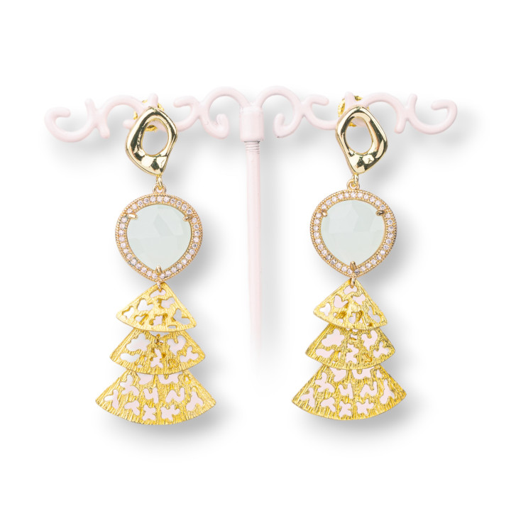 Bronze Stud Earrings with Set Cat's Eye and Zircons with Bronze Pendant 22x60mm Ice