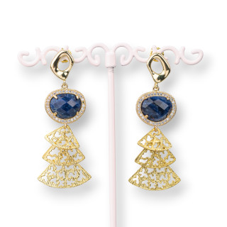 Boucles D'oreilles Tiges En Bronze Serties Oeil De Chat Et Zircons Avec Pendentif Bronze 22x60mm Sodalite