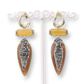 Pendientes Bolitas De Bronce Con Ojo De Gato Rectangular Y Gota Con Marcasita 22x70mm Marrón