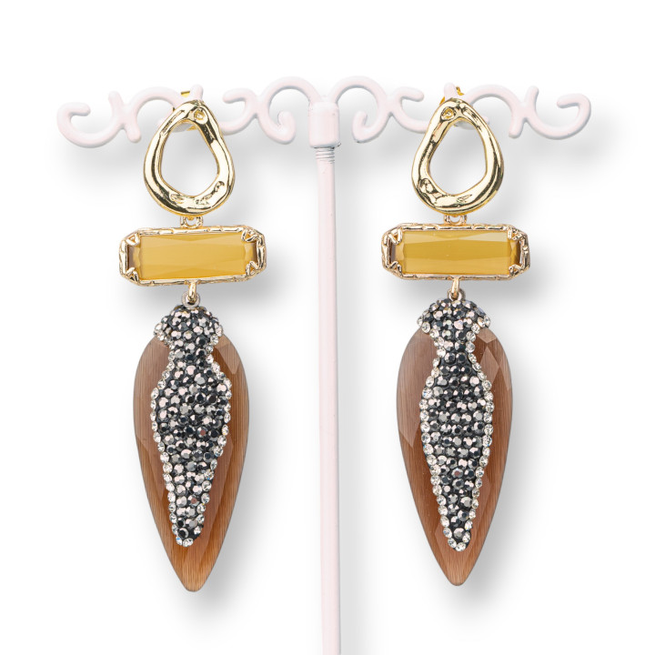 Boucles D'oreilles Tiges Bronze Oeil De Chat Rectangle Et Goutte Avec Marcassite 22x70mm Marron