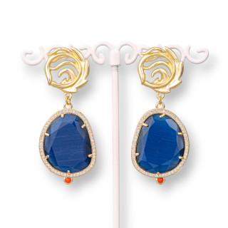 Boucles d'Oreilles Tige Zamak Oeil de Chat Sertie Bronze 24x55mm Bleu