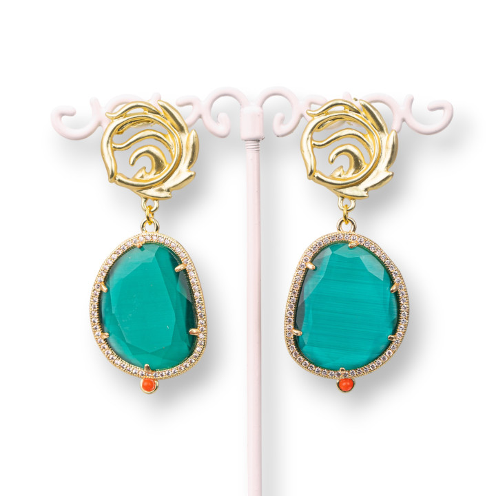 Zamak Stud Earrings with Cat's Eye Set in Bronze 24x55mm Green