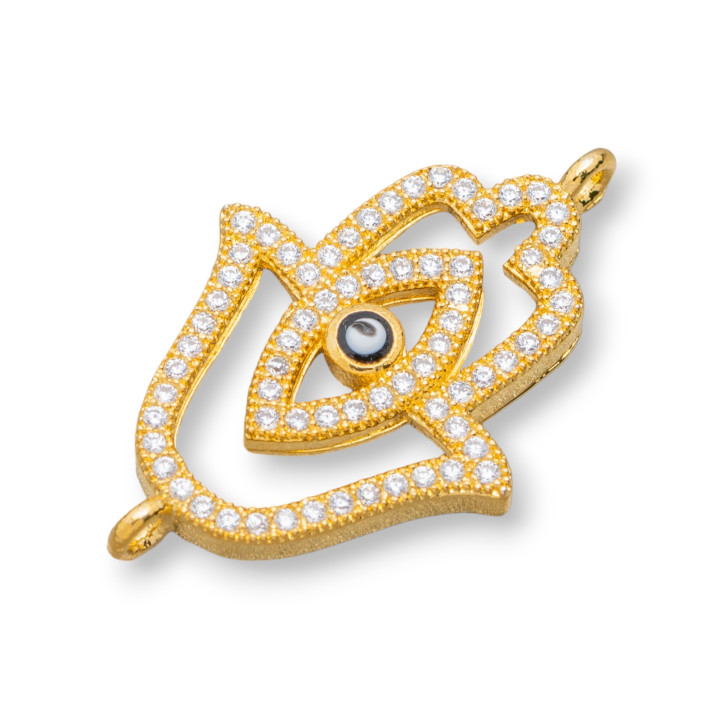 Componente Conector Latón Con Circonitas Mano De Fátima 17x20mm 4pcs Dorado