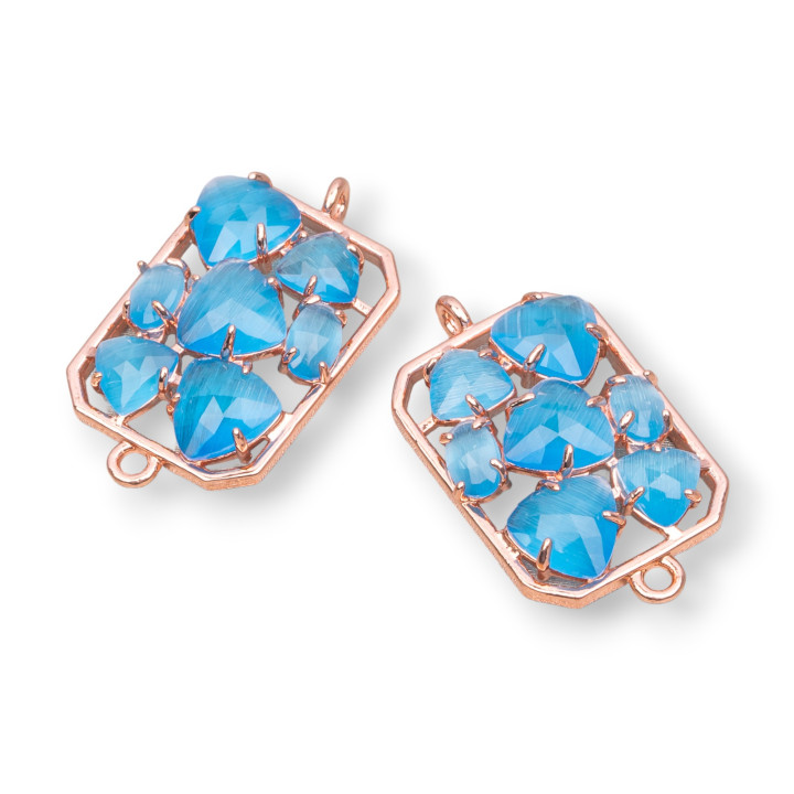 Connettore Componente Di Ottone a Rettangolo Con Occhio Di Gatto Incastonato 17x24mm 6pz Oro Rosa Azzurro