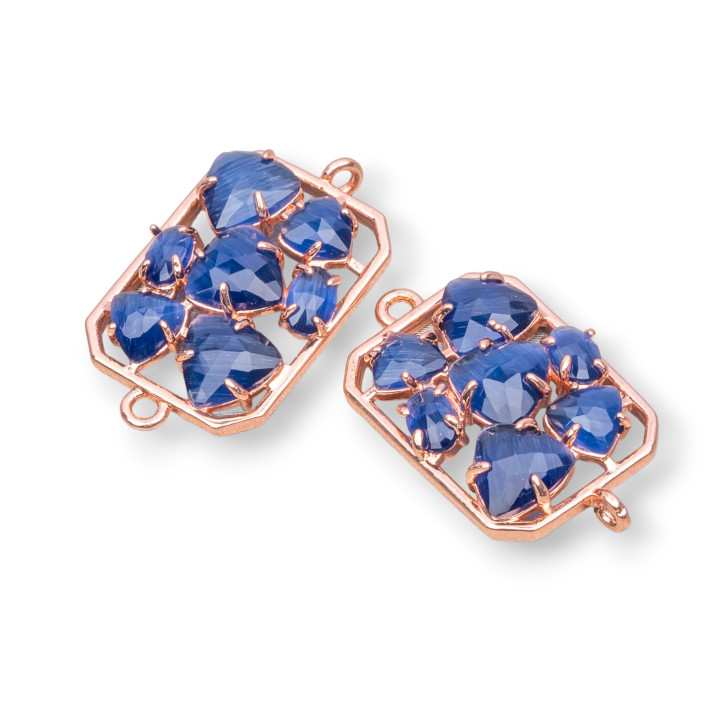 Connettore Componente Di Ottone a Rettangolo Con Occhio Di Gatto Incastonato 17x24mm 6pz Oro Rosa Blu Zaffiro
