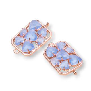 Connettore Componente Di Ottone a Rettangolo Con Occhio Di Gatto Incastonato 17x24mm 6pz Oro Rosa Celeste