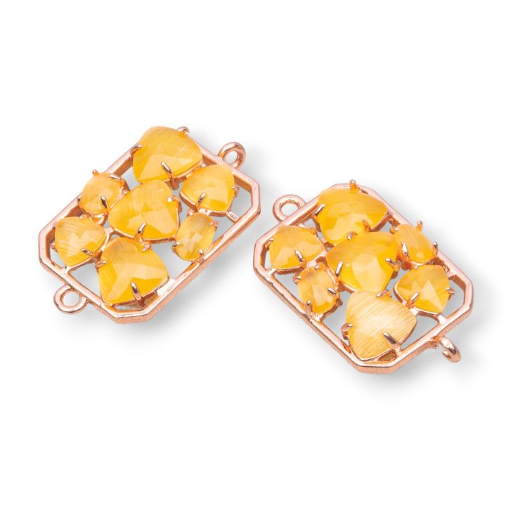 Connettore Componente Di Ottone a Rettangolo Con Occhio Di Gatto Incastonato 17x24mm 6pz Oro Rosa Giallo