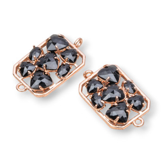 Connettore Componente Di Ottone a Rettangolo Con Occhio Di Gatto Incastonato 17x24mm 6pz Oro Rosa Nero