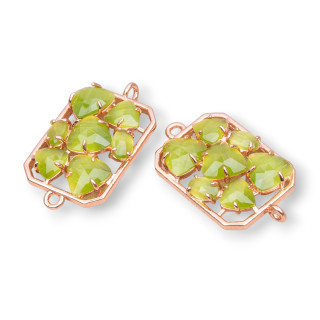 Rectangle Brass Component Connector with Cat's Eye Embedded 17x24mm 6pcs Rose Gold Acid Green