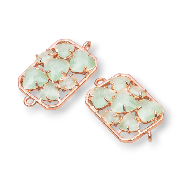 Connettore Componente Di Ottone a Rettangolo Con Occhio Di Gatto Incastonato 17x24mm 6pz Oro Rosa Verde Chiaro