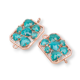 Rectangle Brass Component Connector with Cat's Eye Set 17x24mm 6pcs Rose Gold Emerald Green