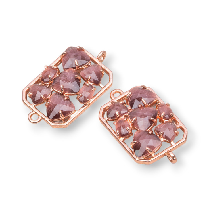 Eingebetteter rechteckiger Cat Eye-Messing-Komponentenverbinder 17 x 24 mm, 6 Stück, Roségold, Lila