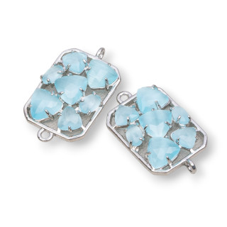 Connettore Componente Di Ottone a Rettangolo Con Occhio Di Gatto Incastonato 17x24mm 6pz Rodiato Acqua