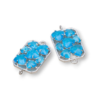 Rechteckiger Messing-Komponentenverbinder mit eingebettetem Katzenauge 17x24mm 6pcs Blau Rhodium