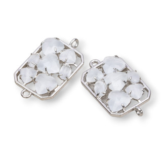 Connettore Componente Di Ottone a Rettangolo Con Occhio Di Gatto Incastonato 17x24mm 6pz Rodiato Bianco