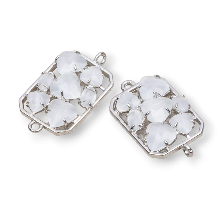 Connettore Componente Di Ottone a Rettangolo Con Occhio Di Gatto Incastonato 17x24mm 6pz Rodiato Bianco