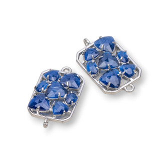Connettore Componente Di Ottone a Rettangolo Con Occhio Di Gatto Incastonato 17x24mm 6pz Rodiato Blu Zaffiro