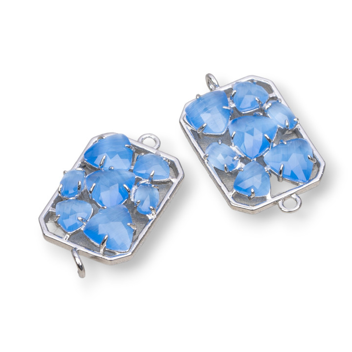 Rectangle Brass Component Connector with Cat's Eye Embedded 17x24mm 6pcs Rhodium Plated Light Blue