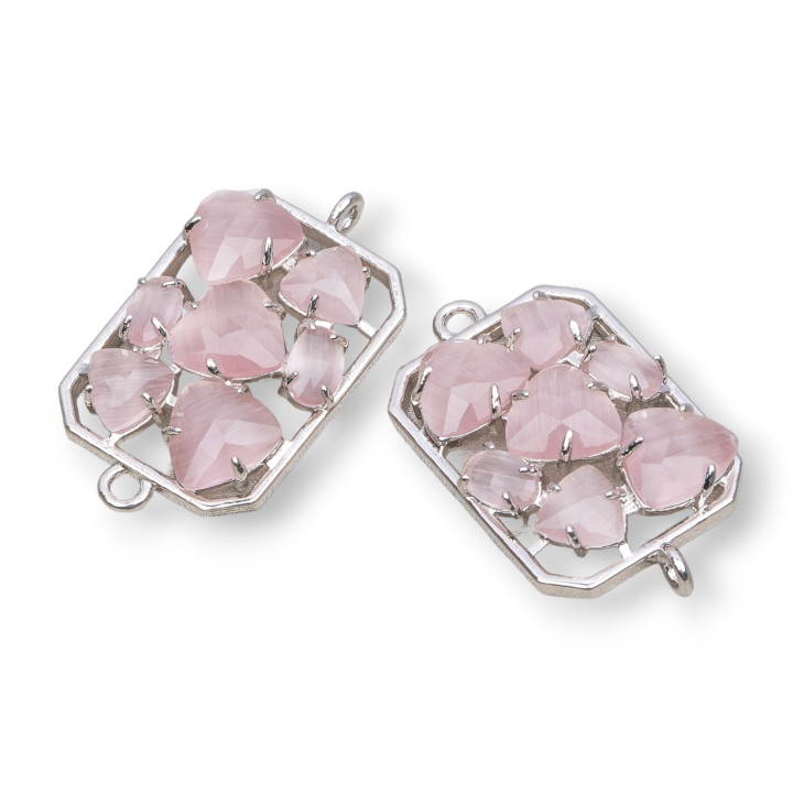 Connettore Componente Di Ottone a Rettangolo Con Occhio Di Gatto Incastonato 17x24mm 6pz Rodiato Cipria