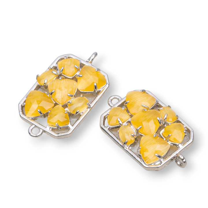 Connettore Componente Di Ottone a Rettangolo Con Occhio Di Gatto Incastonato 17x24mm 6pz Rodiato Giallo