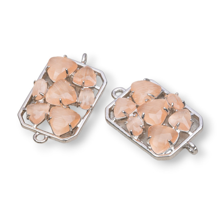 Connettore Componente Di Ottone a Rettangolo Con Occhio Di Gatto Incastonato 17x24mm 6pz Rodiato Pesca