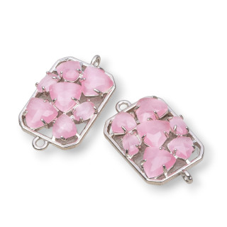 Brass Component Connector Rectangle with Cat's Eye Embedded 17x24mm 6pcs Rhodium-plated Deep Pink