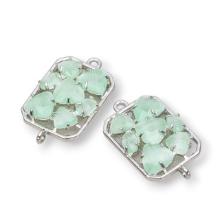 Rectangle Brass Component Connector with Cat's Eye Embedded 17x24mm 6pcs Rhodium Plated Light Green