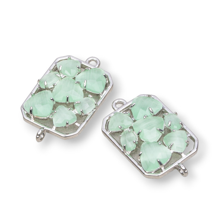 Connettore Componente Di Ottone a Rettangolo Con Occhio Di Gatto Incastonato 17x24mm 6pz Rodiato Verde Chiaro