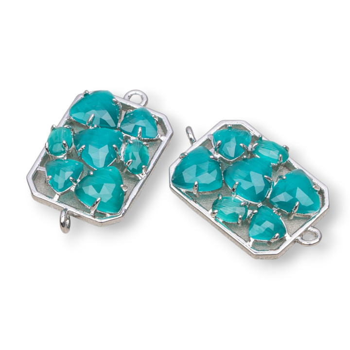 Connettore Componente Di Ottone a Rettangolo Con Occhio Di Gatto Incastonato 17x24mm 6pz Rodiato Verde Smeraldo