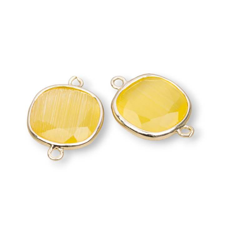 Connettore Componente Di Ottone Con Occhio Di Gatto Sfaccettato Quadrato 16mm Con 2 Anellini 10pz Giallo
