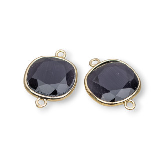 16mm Square Faceted Cat's Eye Brass Component Connector with 2 Rings 10pcs Black